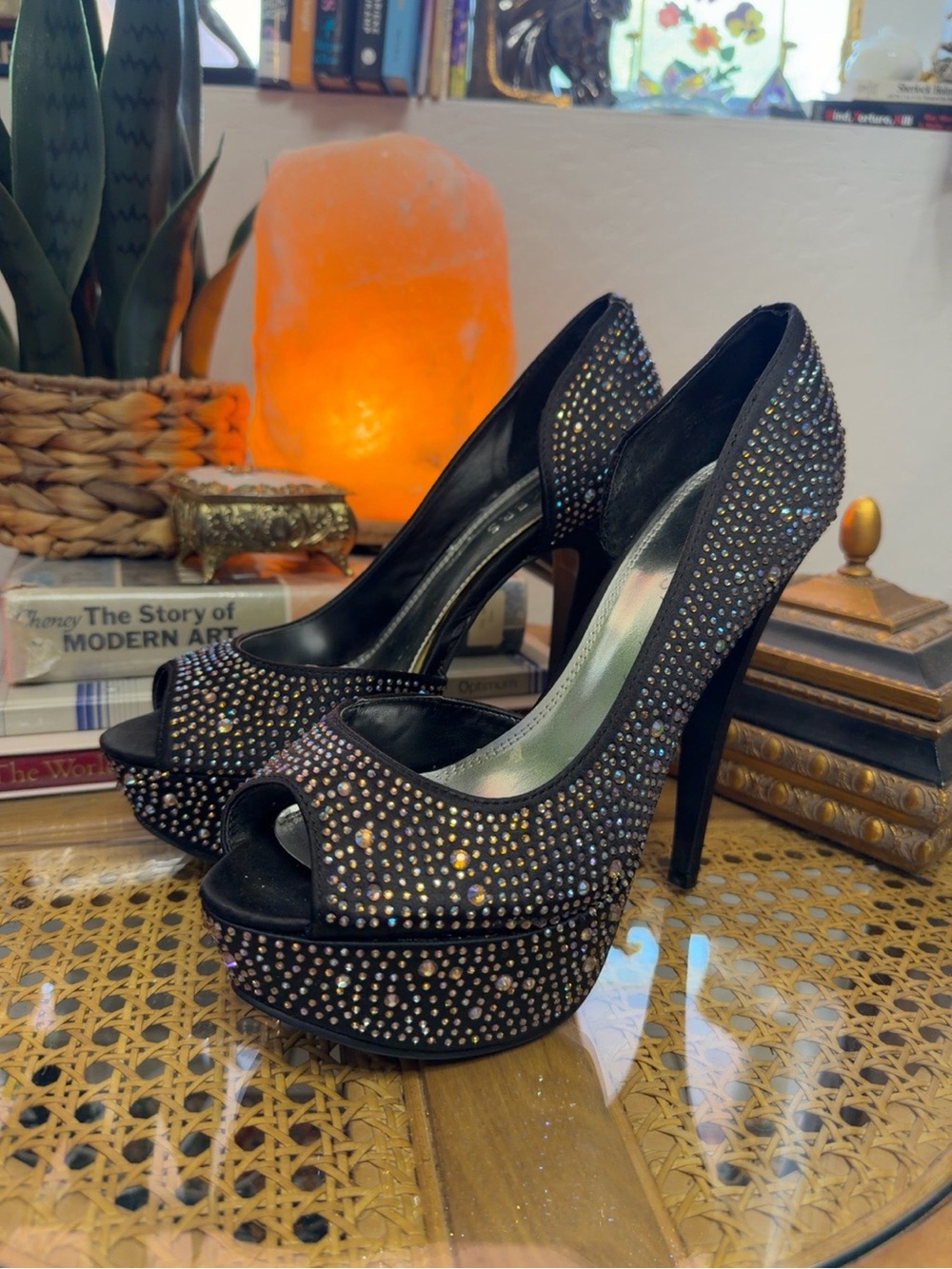 Bakers Showstoppr Black Rhinestone Platform Peep Toe Heels